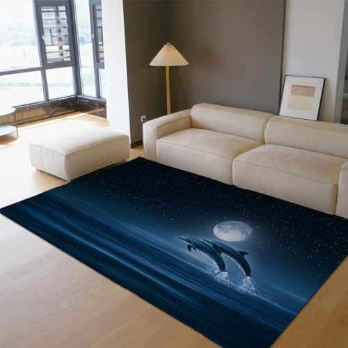 Via Vela Dolphin Ocean Starry Sky Teppich 90x180cm für Spielzimmertiere Tiefflorteppich Nachtmeermuster weiche Teppiche fleckenfester Rutschfester Rückenbodenteppich Vorleger Zimmerzimmer