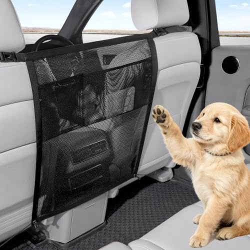Meenewching Rete per cani per sedile posteriore dell'auto, con borsa portaoggetti, rete di sicurezza per animali domestici con corda regolabile, rete di separazione universale per SUV, berlina