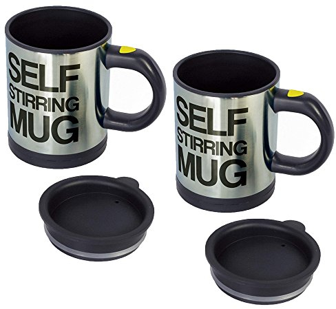 RETON 2 Pack Self-Stirring Coffee Mug Cup Stainless Steel Automatic Mixing Tea Coffee Cup Lazy Mixer Mug for Home Office Travelling, Silver/Black