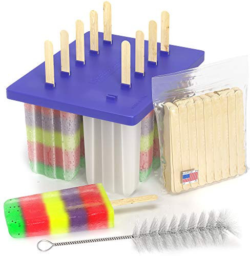 American Ice Pop Maker – Gefrorene Eisformen für Eis am Stiel – 10 große, BPA-freie, abnehmbare Kunststoffformen + 50 Holzstäbchen, Reinigungsbürste, gesunde Obst- und Sahne-Leckereien für Kinder