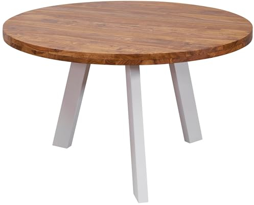 FineBuy Esszimmertisch rund 130x77x130 cm Sheesham Massiv Esstisch Beine Weiß, Runder Holztisch mit Metallbeinen, Massivholztisch Esszimmer, Küchentisch Massivholz, Speisetisch Echt-Holz