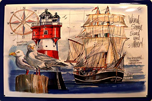 Segelschiff Thor Heyerdahl & Leuchtturm Roter Sand Blechschild Metallschild Schild 3D geprägt gewölbt Metal Tin Sign 20 x 30 cm
