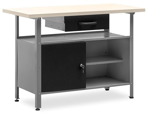 METALLMOBELL - Banco da Lavoro Officina | 120x60x84cm, con Cassetti e Armadietto | Tavolo da Lavoro Garage, Banchetto da Lavoro, Banco da Falegname, Banco da Lavoro Garage, Banco Lavoro MB07G