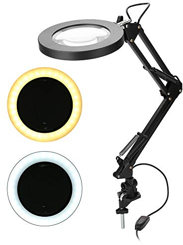 LED Lupenleuchte,Schwenkarm Lupe mit Licht, 2-Farben-Beleuchtete Lupenlampen Nageltisch Lampe 5-Dioptrien-Lupenglas-Lichtlinse verstellbare Schwenkarmlampe für Werkbank Tattoo Schönheit Licht
