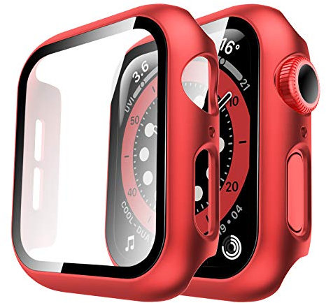 TAURI 2 Pack Hard Case for Apple Watch SE 3 /Series 6/5/4 /SE 44mm with 9H Tempered Glass Screen Protector, [Touch Sensitive] [Full Coverage] Slim Bumper Protective Cover for iWatch 44mm - Red