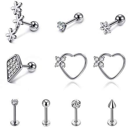 PiercingJak 10stk 16G Helix Piercing Tragus Ohrringe Silber Chirurgenstahl Barbell Septum Stud Körper Piercings für Ohr Nase Lippe Knorpel Labret CZ Punk Schmuck