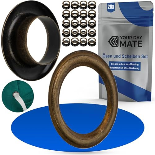 Ösen und Scheiben Set, Ø 14 mm innen, 20 Paare, in Bronze, Messing, Kit ohne Zange, Ösen Scheiben für Plane, Bekleidung, Bastelarbeiten, Deko, DIY Tülle, Grommet, Rundring Patches Kordel, Ösenscheiben
