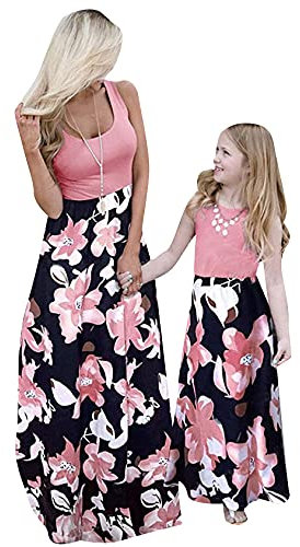 EFOFEI Frauen Casual Boho Ärmellos Splice Beach Kleid Mutter Und Tochter Kleider Set Strand Maxi Kleid Sommer Sonnenschutz Rote Flower M