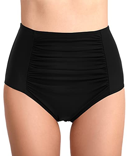 Joweechy Womens High Waisted Bikini Bottoms Retro Ruched Front Swim Briefs | Built-in Mesh Lined Tummy Control Full Back Coverage Bikini Bottom
