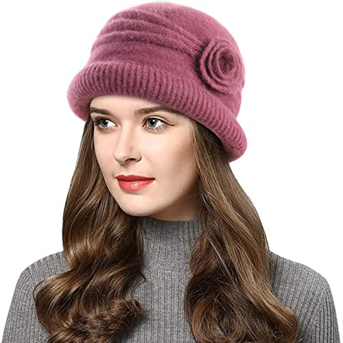 Wantonfy Damen Strickmütze Warme Wintermütze Kante Mütze Blume Beanie | mit Roll Up, mit Seitlicher, Atmungsaktivem, Winter, Elegant