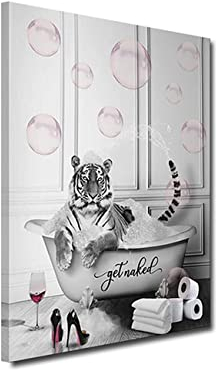 ZHONGYUTONG Badezimmer Wandbilder-Tiger in einer Wanne mit Rosa Blasen Kunstdruck Gerahmt lustige Tiere Bilder auf Leinwand Schwarz Weiß Malerei Wanddekoration für Zuhause (30x45cm)