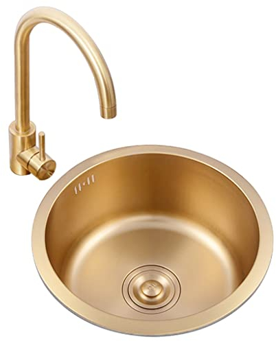 Fregadero De Barra Cocina Redondo Dorado Solo Tazón De Acero Inoxidable 304 con Grifo Curvado Grande Y Cesta De Drenaje Montaje Superior O Inferior