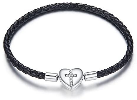 Women's Charm Bracelet 17-19 cm 925 Sterling Silver Blue Leather Love Lock Snowflake Charm Christmas Gifts for Girls Mum Wife (Love Cross Black 19cm Bracelet)