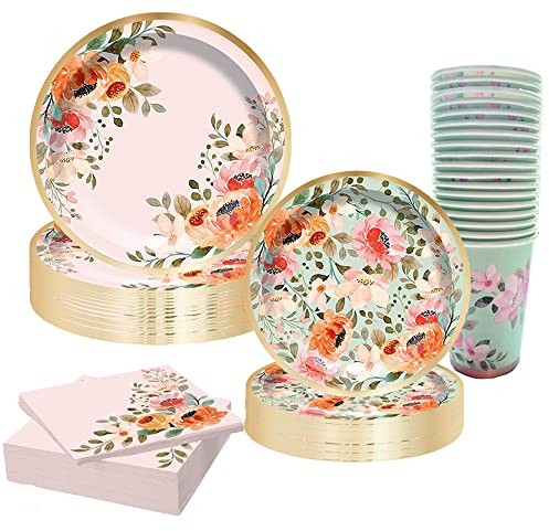 Disposable Paper Plates Party Supplies, 16 Guests Paper Plates Cups and Napkins, Floral Party Dinnerware Decorations for Afternoon Tea Garden Party Birthday Wedding Baby Shower