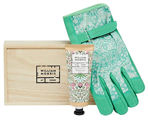William Morris At Home Gartenhandschuh-Set mit goldenen Lilien, verstellbar, leichte Handschuhe, angereicherte duftende Handcreme, perfektes Geschenk für Gärtner