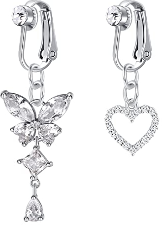 Mayhoop 2 Stück Fake Bauchnabelpiercing Clip On Bauchnabelpiercing Chirurgenstahl gefälschte Bauchpiercing mit Herz Schmetterling baumeln Klemme Bauchring