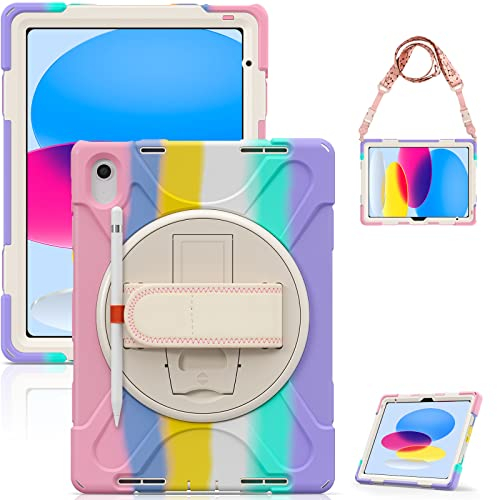 Gerutek Custodia per iPad 11/10 Generazione (11/10,9 Pollici) 2025/2022, Custodia Antiurto con Cavalletto Girevole a 360 Gradi e Cinghia per Mano/Spalla/Portapenne per iPad 10 Cover, Arcobaleno