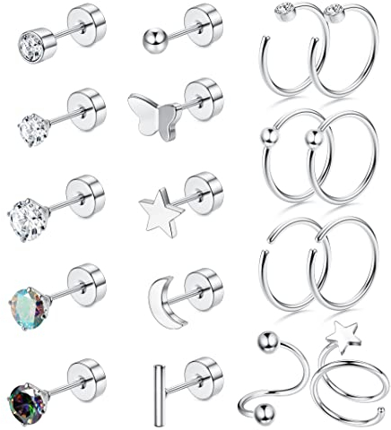 Adramata 18-teiliges 20G Helix Piercing Set mit Titan Ohrringe, Conch Piercing, Ohrstecker, Hypoallergen Knorpel Ohrringe in Silber und Gold für Damen und Herren