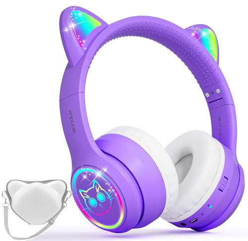 iFecco Bluetooth Kopfhörer Kinder mit Mikrofon,Kinder Kabellos Kopfhörer mit Tasche,LED-Leuchten Katzenohr Kopfhörer für Schule