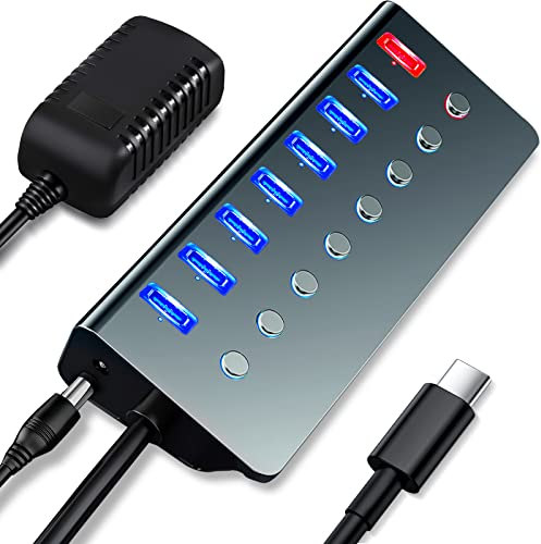 USB Hub Aktiv 3.0 mit Netzteil USB C, LOBKIN 8 Port USB Verteiler für Datenübertragung & 5V 2.4A Ladung, Aluminium Multi USB Port mit 5V/3A Netzteil, 5Gbps, Einzeln Schaltbar & LED Anzeiger (Typ C)