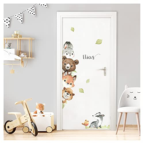 Little Deco Wandsticker Türaufkleber Waldtiere mit Name Wandtattoo für Kinderzimmer Türsticker Babyzimmer Wandaufkleber personalisiert Wanddeko DL970-03