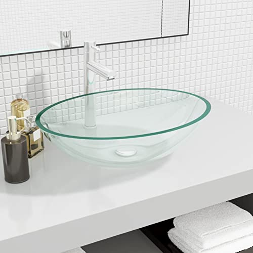 JUNZAI Waschbecken, Aufsatzwaschbecken, Waschtisch, Aufsatzwaschtisch, Wash Basin, Badmöbel, Bathroom Sink, Glas 50x37x14 cm Transparent