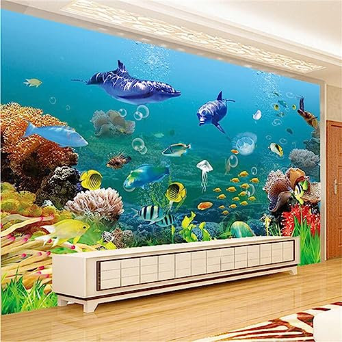 GIVLWF Papier Peint Panoramique de Monde Sous Marin, Corail Dauphin Poisson Artistique Poster Murale Intissé - pour Chambre Salon Décoration Murale - 300 x 210 cm
