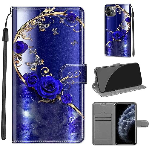 TOMYOU Handyhülle für iPhone 11 Pro Max Hülle, Blaue Rose | Standfunktion, Kartenfach, Magnetisch, Stoßfeste Schutzhülle, Flip Leder, Klapphülle