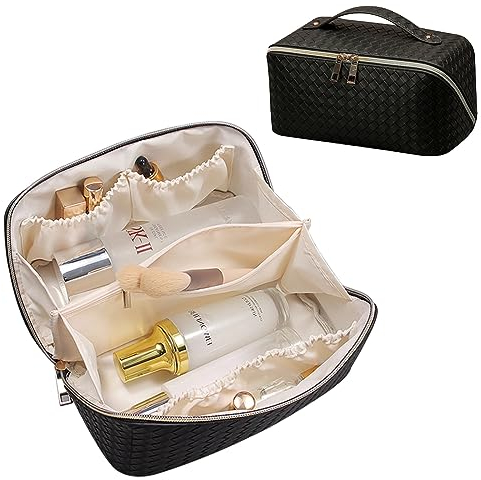 Reise Kosmetiktasche Damen mit Großem Tragbar Reise Schminktasche wasserdichte tragbare PU kulturtasche Kosmetiktasche Geschenke für Freundin (Black)