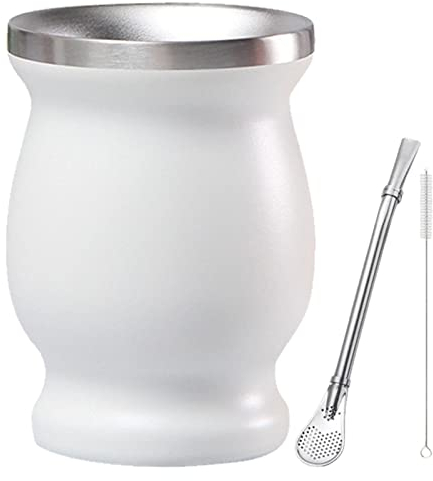 UPQRSG Taza de Doble Pared de Acero Inoxidable, Calabaza de Yerba Mate con Bombilla de 8 Oz, Taza de Aislamiento Al Vacío con Cepillo de Paja, Taza de Café con Aislamiento Térmico(Blanco)