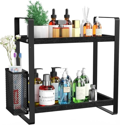 LEMIKKLE Bathroom Organizer Countertop, Makeup Skincare Perfume Organizer Wood Shelf Tray for Vanity, Vanity, Countertop (Black)