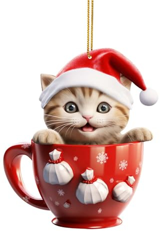Niedliche Weihnachtsmütze Katze Anhänger Weihnachtsbaum Deko Lustige Weihnachtskugeln Cute Auto Anhänger 2D Acryl Flacher Ornament Weihnachtsbaum Anhänger Geschenk