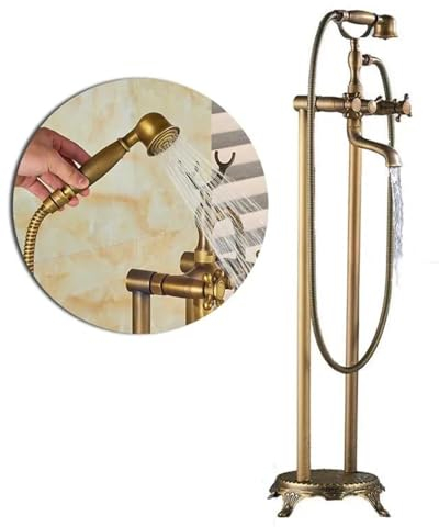 SWHC Freistehende Armatur Badewanne, 2 Modus Standarmatur für Wanne mit Handbrause Bodenstehende Wannenarmatur Antiquität Telefonform Badewannenarmatur Antikes Messing