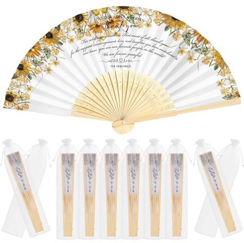 Menkxi 30 Pcs Silk Fabric Folding Fans Bulk for Wedding Guests Thank You Bamboo Folded Hand Fan for Bridal Shower Decoration Favor Vintage Handheld Fans Souvenirs with Organza Bag (Yellow,Sunflower)