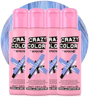 Crazy Color Pastel Lilac Semi-Permanent 4 Pack Quad Hair Dye. Highly Pigmented Blueish Lilac Conditioning & Oil Nourishing Vegan Formula No Bleach or Ammonia 400ml