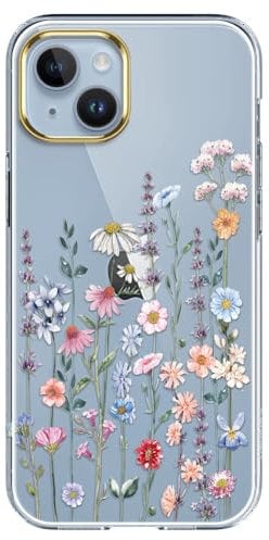 luolnh Compatible with iPhone 15 Case with Wrist Strap,for Women Girls,Shockproof Clear Floral Pattern Hard Back Cover for iPhone 15 6.1 2023(Seven Color Floret)