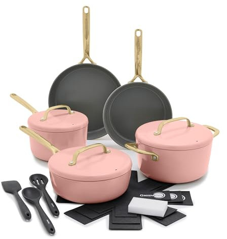 GreenPan GP5 14 Piece Cookware Pots and Pans Set, Hard Anodized Healthy Ceramic Nonstick PFAS-Free, Champagne Handles, Heavy Gauge, Stay-Flat Surface, Induction, Dishwasher and Oven Safe, Dusty Rose