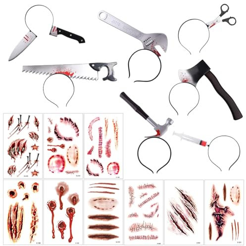 RmKbe 16pcs Halloween Costume Accessories Halloween Horror Hair Bands Scar Wound Tattoo Stickers Bleeding Axe Scissor Headband for Halloween Fancy Dress