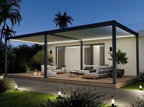 Direct ABRIS Pergola Bioclimatique Aluminium Autoportée 32m² - 4x8m - Kit LED Inclus - Anthracite - 50 Lames en Aluminium a 120° - Eclipse