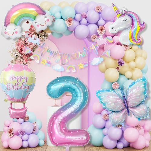 Einhorn Geburtstagsdeko Mädchen, 2 Jahre Schmetterling Geburtstag Deko, Einhorn Deko Kindergeburtstag, 1-10 Jahre Happy Birthday Deko, Einhorn Luftballons für 2. Geburtstag Mädchen Deko