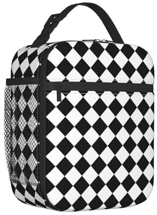 Mexpekil Black White Checkered Insulated Lunch Bag for Women Men Thermal Lunch Box Portable Picnic Cooler Bag with Side Mesh Pocket Adults Lunchbox for Work