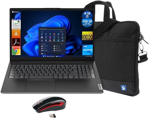 Lenovo Notebook V15, Display Pc 15.6 FHD, CPU Intel Celeron N4500, 16GB Ram, 1256GB Dual Disk NVMe/SSD 2.5, Windows 11 Pro | Mouse Wireless | Borsa | Portatile Pronto all'Uso