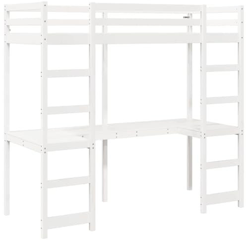 vidaXL White Loft Bed with Desk 75 x 190 cm Single Rustic Pine Wood Bed Frame