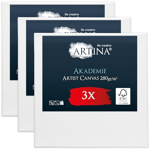 Artina 3er FSC® Set bespannte Keilrahmen Leinwände zum Bemalen | 100x100cm 100% Baumwolle Canvas zum Malen bespannte Leinwand Acrylfarben Malerei Künstlerbedarf Akademie