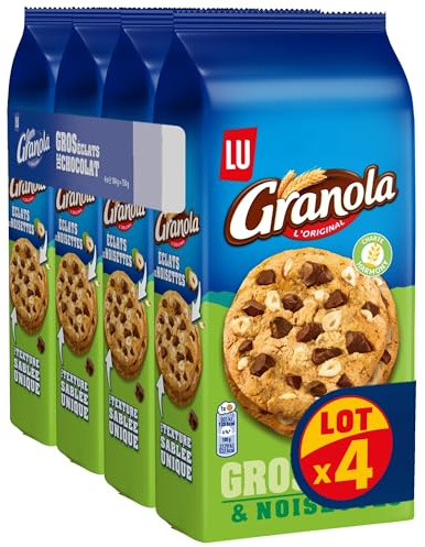 Lu Granola - Cookies aux Éclats de Chocolat et Noisettes - 4x184g | 4 Sachets de 184g | Cookies croustillants aux éclats de chocolat et noisettes croquantes | Idéal pour le goûter