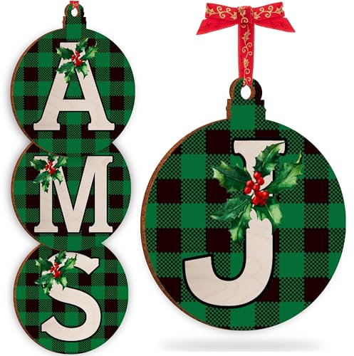 Christmas Initial Ornament for Christmas Tree Decorations - 12x10cm - Xmas Wooden Hanging Baubles - Xma Family Tree Gifts C2 (Initial #J)