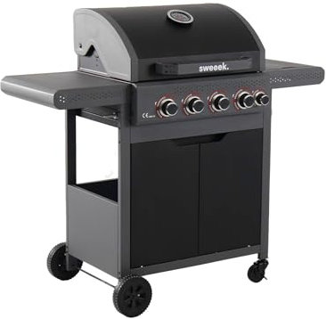 sweeek - Barbecue au gaz Edmond noir. 4 brûleurs + 1 feu latéral. avec thermomètre. L 122x P62 x H143 cm