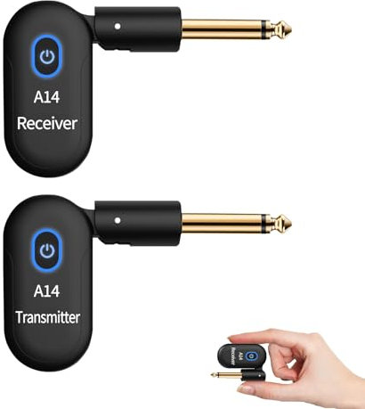 Sistema di chitarra wireless A14, 2,4 GHz, 2 modalità, pollice, batteria ricaricabile agli ioni di litio, portata 100 m, 10 ore, plug & play per chitarra, basso, violino, tastiera (1TX + 1RX)