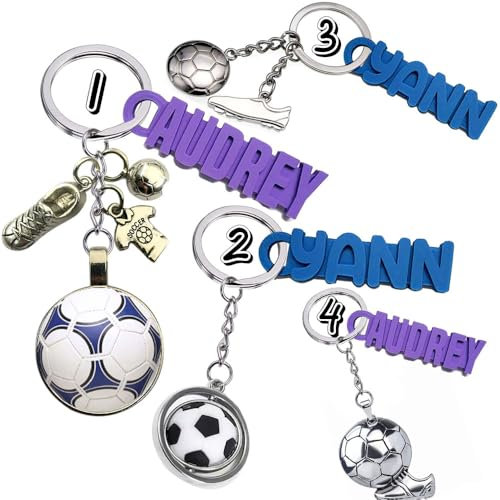 Porte-Clés Football, Rotatif 3D, 5 Modèles au Choix, Personnalisable, Foot, Ballon, avec Votre Texte, Cadeau Foot, pour Les Amateurs de Football, Supporters, Joueurs, (Style 2 avec Prénom)