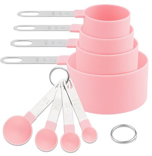 8Pcs Measuring Cups and Spoons Set Stainless Steel Handle Stackable Measuring Spoon Set Nesting Measuring Cups for Measuring Liquids Solids Cooking Baking (Pink)